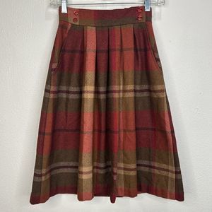 Vintage Preppy Wool Tartan Skirt Size 00 Knee Length Academia Maroon Brown